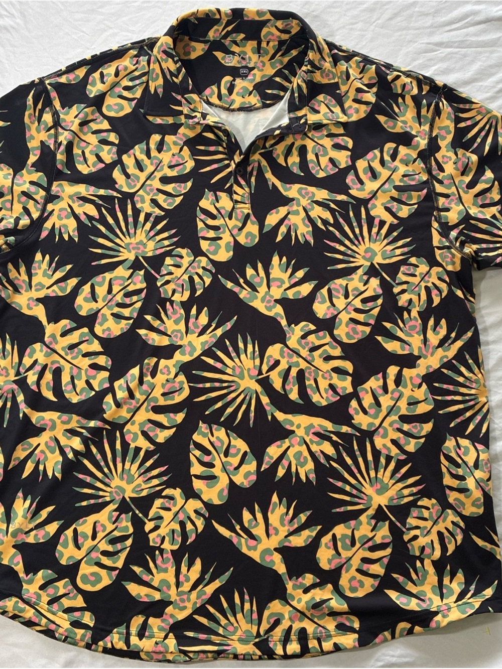 Bylt Tropical Leaf Print Polo Shirt - Black & Yellow performance XXL